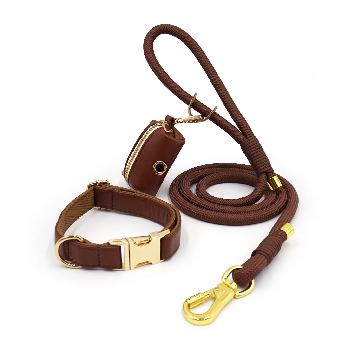 Personalized Leather Dog Collars with Leash and Poop Bag Set