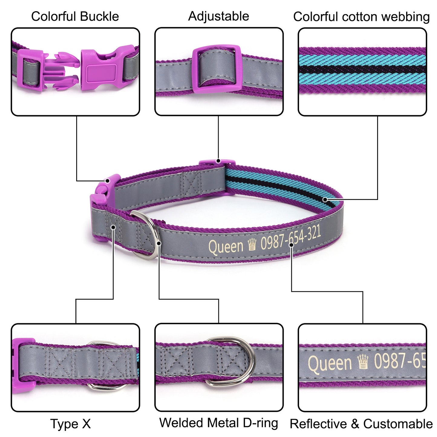 Polyester Cotton Reflective Personalised Engraved Dog Collar