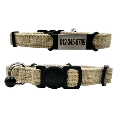 Personalized Safety Buckle Linen Cat Collar with Removable Bell