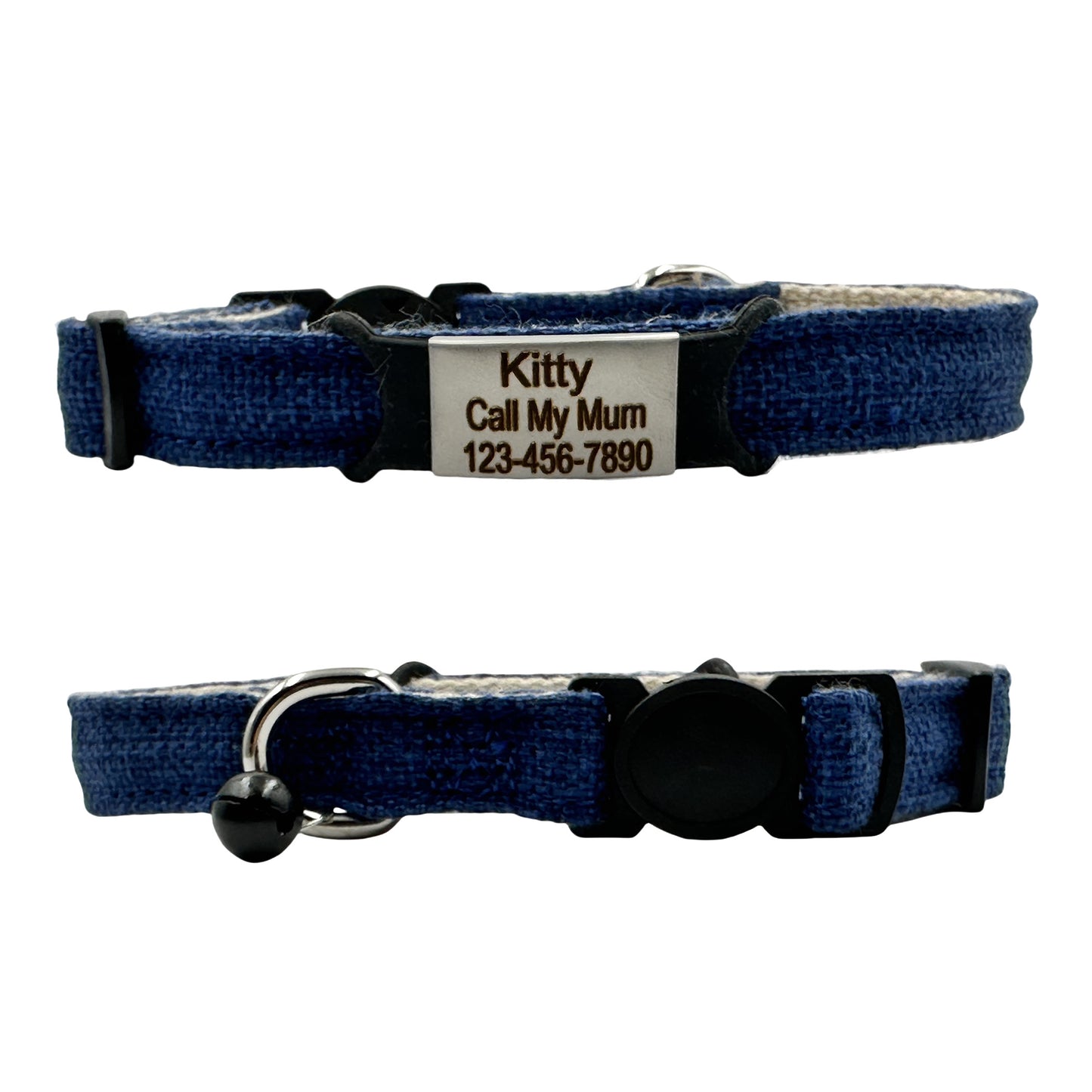 Personalized Safety Buckle Linen Cat Collar with Removable Bell