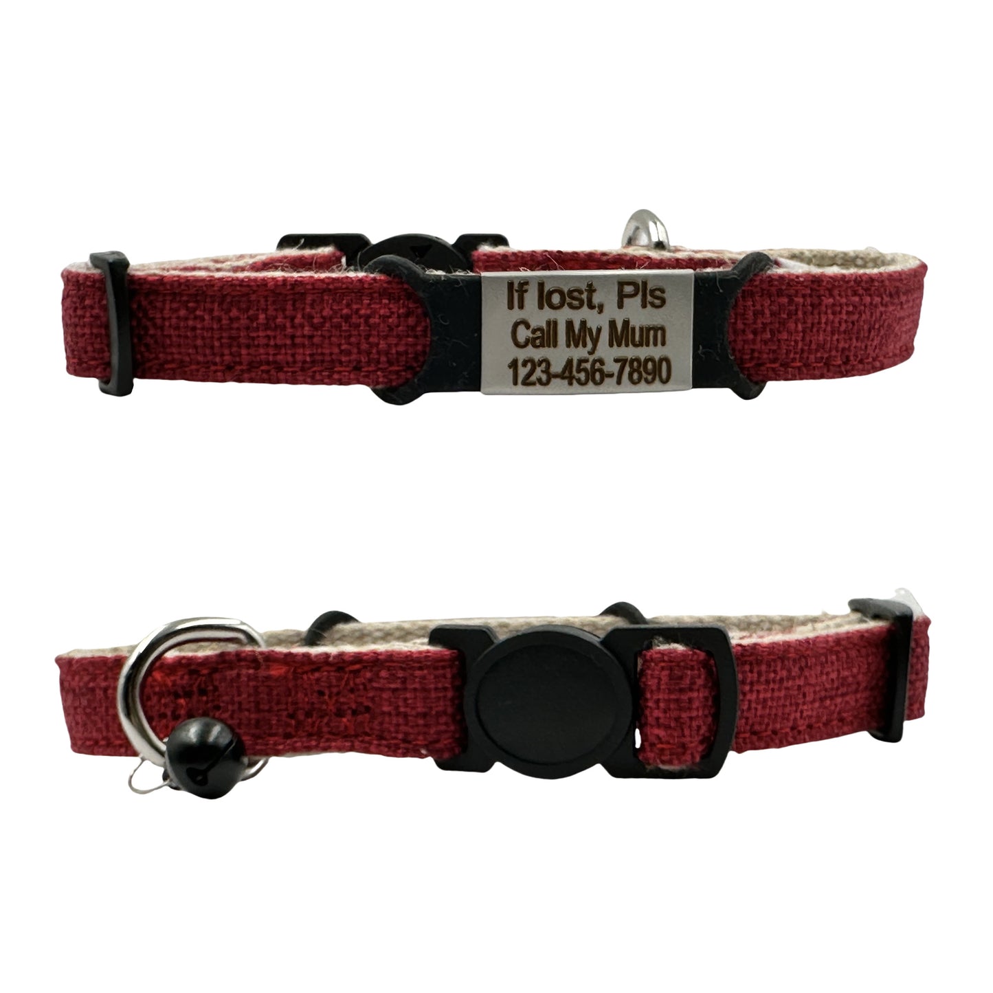 Personalized Safety Buckle Linen Cat Collar with Removable Bell