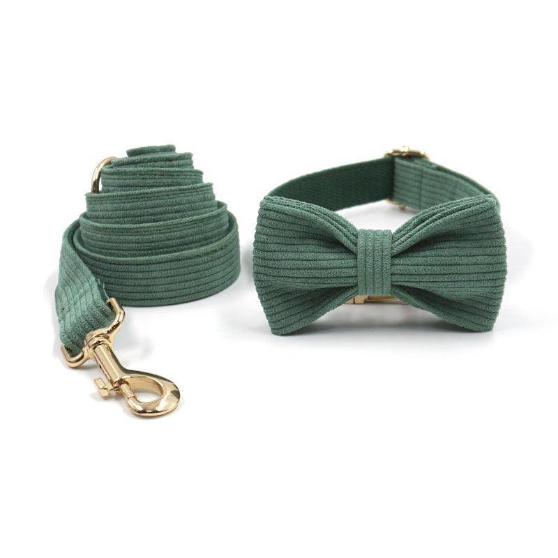 Dark Green Stripe Velvet Personalized Dog Collar Leash Harness Bowtie Poop Bag Set - iTalkPet