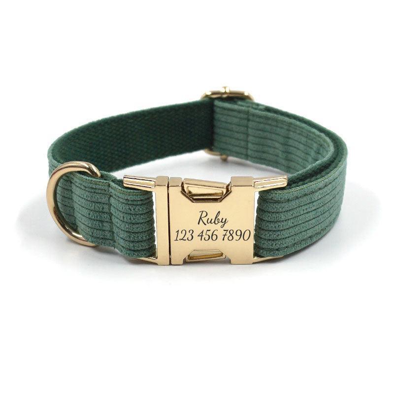 Dark Green Stripe Velvet Personalized Dog Collar Leash Harness Bowtie Poop Bag Set - iTalkPet