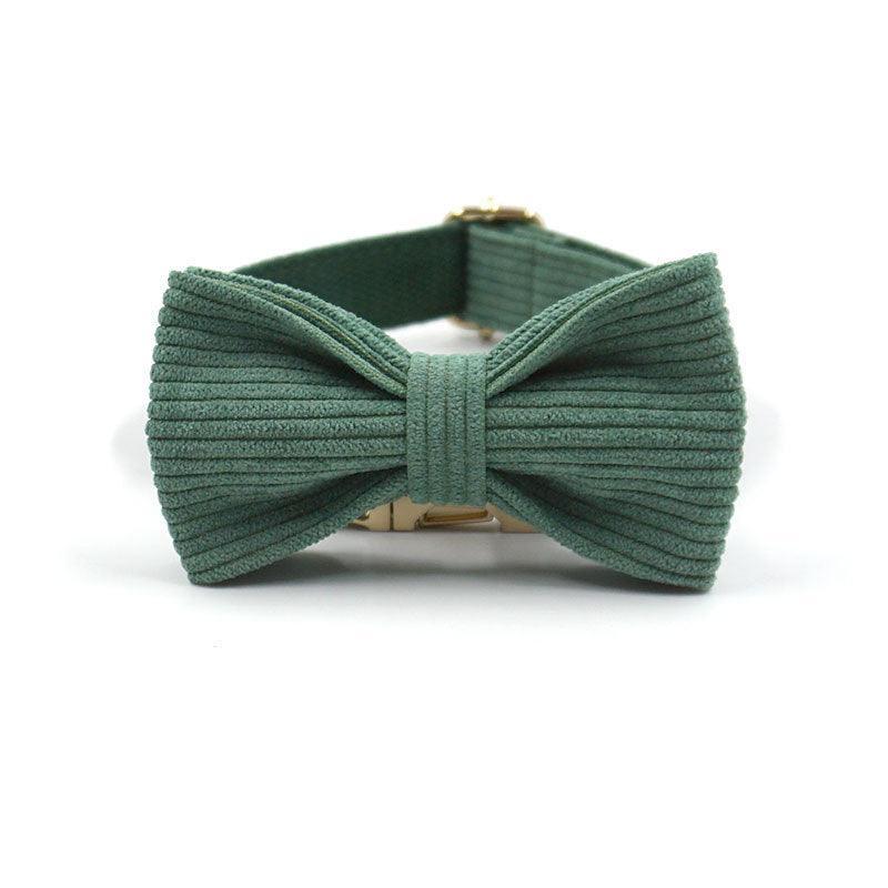 Dark Green Stripe Velvet Personalized Dog Collar Leash Harness Bowtie Poop Bag Set - iTalkPet