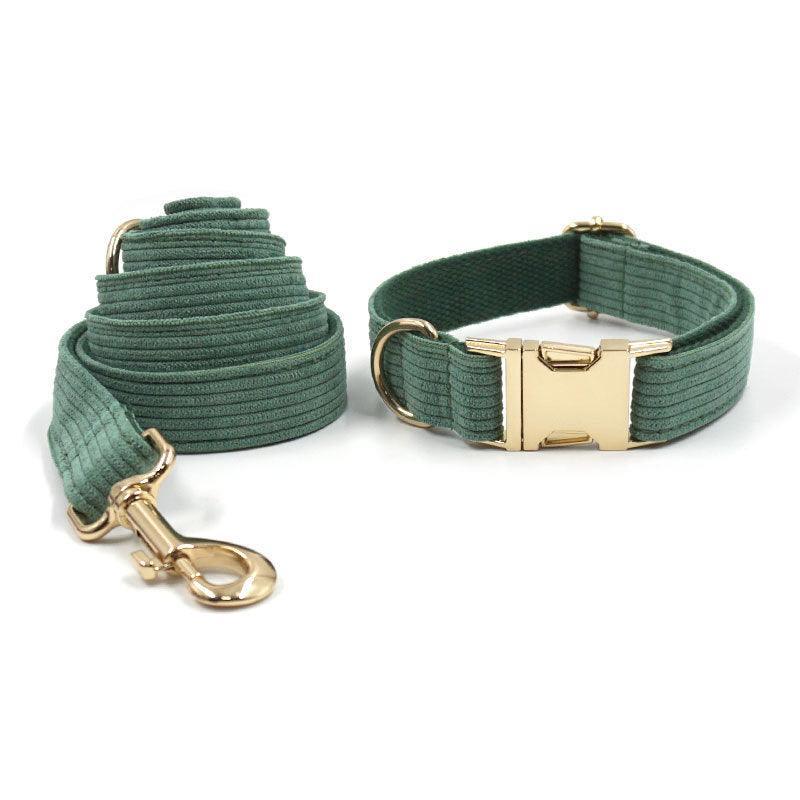 Dark Green Stripe Velvet Personalized Dog Collar Leash Harness Bowtie Poop Bag Set - iTalkPet