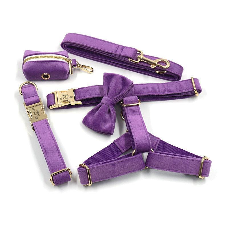 Dark Purple Velvet Personalized Dog Collar Leash Harness Bowtie Poop Bag Set - iTalkPet