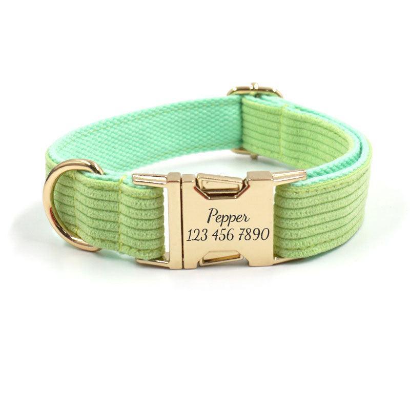 Green Stripe Velvet Personalized Dog Collar Leash Harness Bowtie Poop Bag Set - iTalkPet