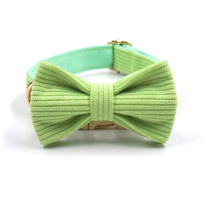 Green Stripe Velvet Personalized Dog Collar Leash Harness Bowtie Poop Bag Set - iTalkPet