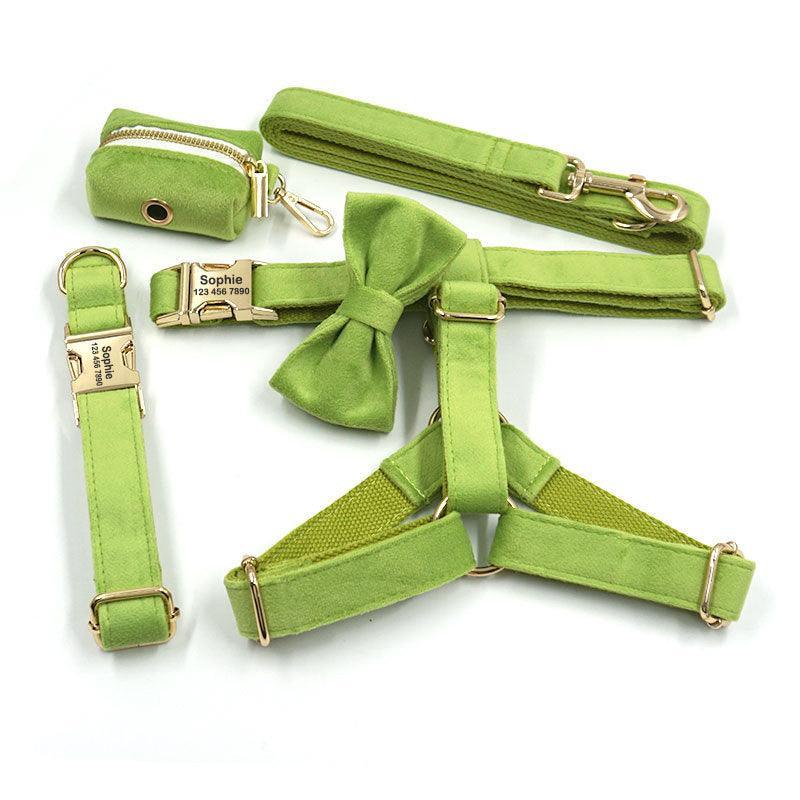 Green Velvet Personalized Dog Collar Leash Harness Bowtie Poop Bag Set - iTalkPet