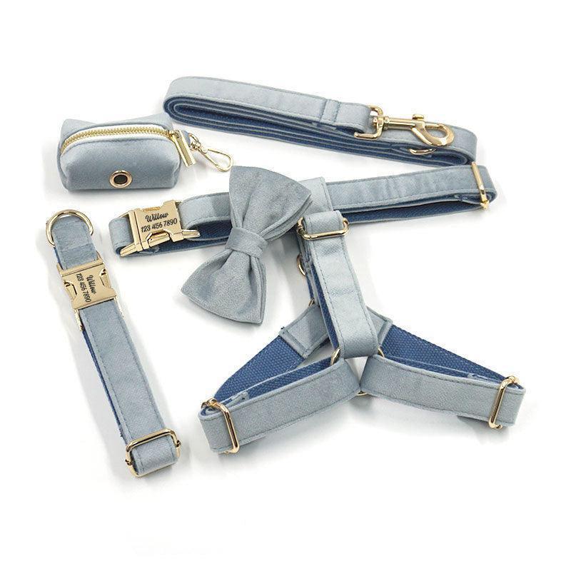 Grey Blue Velvet Personalized Dog Collar Leash Harness Bowtie Poop Bag Set - iTalkPet