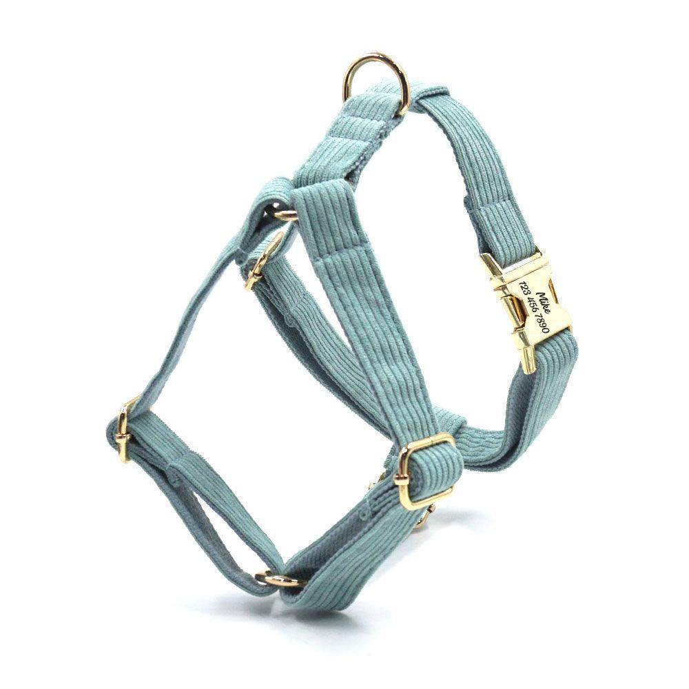 Light Green Stripe Velvet Personalized Dog Collar Leash Harness Bowtie Poop Bag Set - iTalkPet