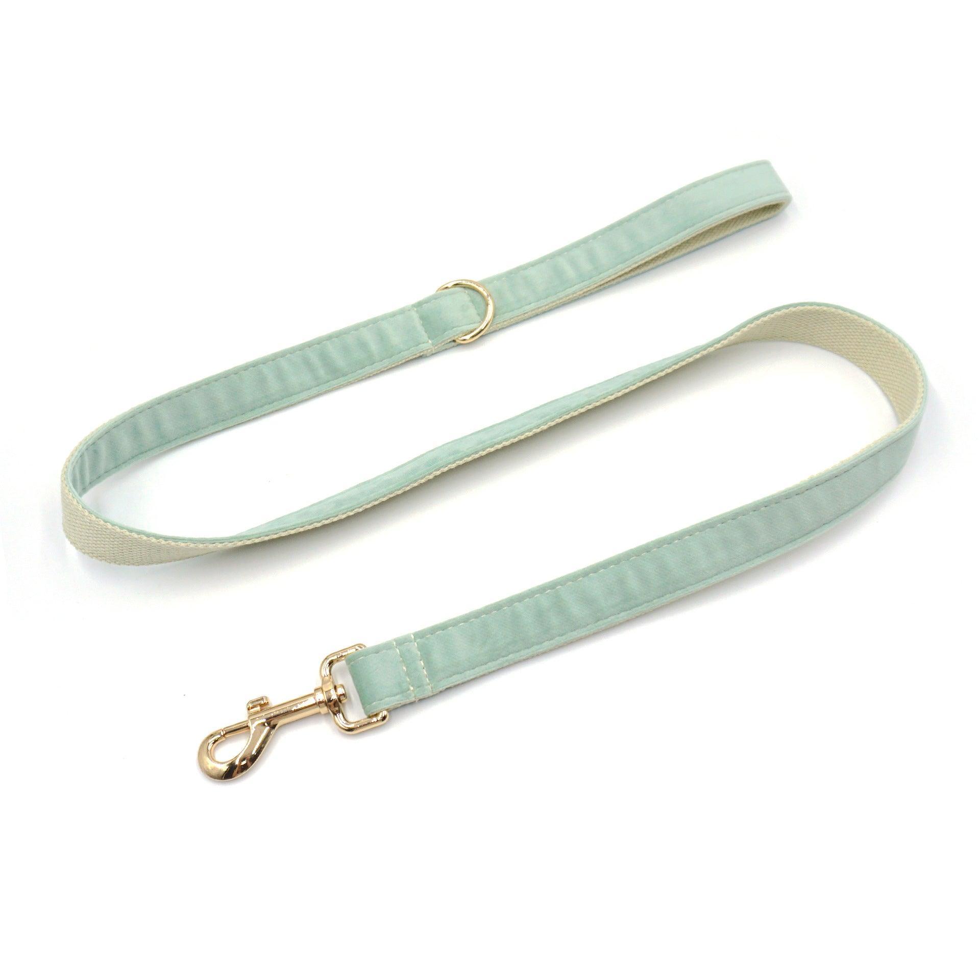 Light Green Velvet Personalized Dog Collar Leash Harness Bowtie Poop Bag Set - iTalkPet