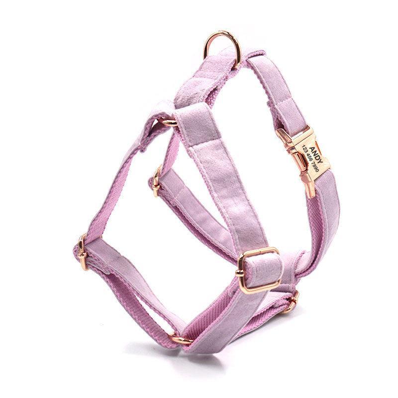 Light Purple Velvet Personalized Dog Collar Leash Harness Bowtie Poop Bag Set - iTalkPet