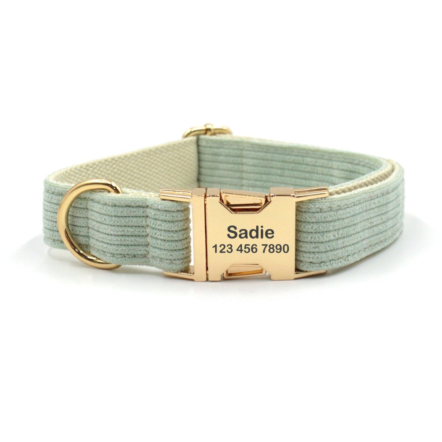 Mint Stripe Velvet Personalized Dog Collar Leash Harness Bowtie Poop Bag Set - iTalkPet