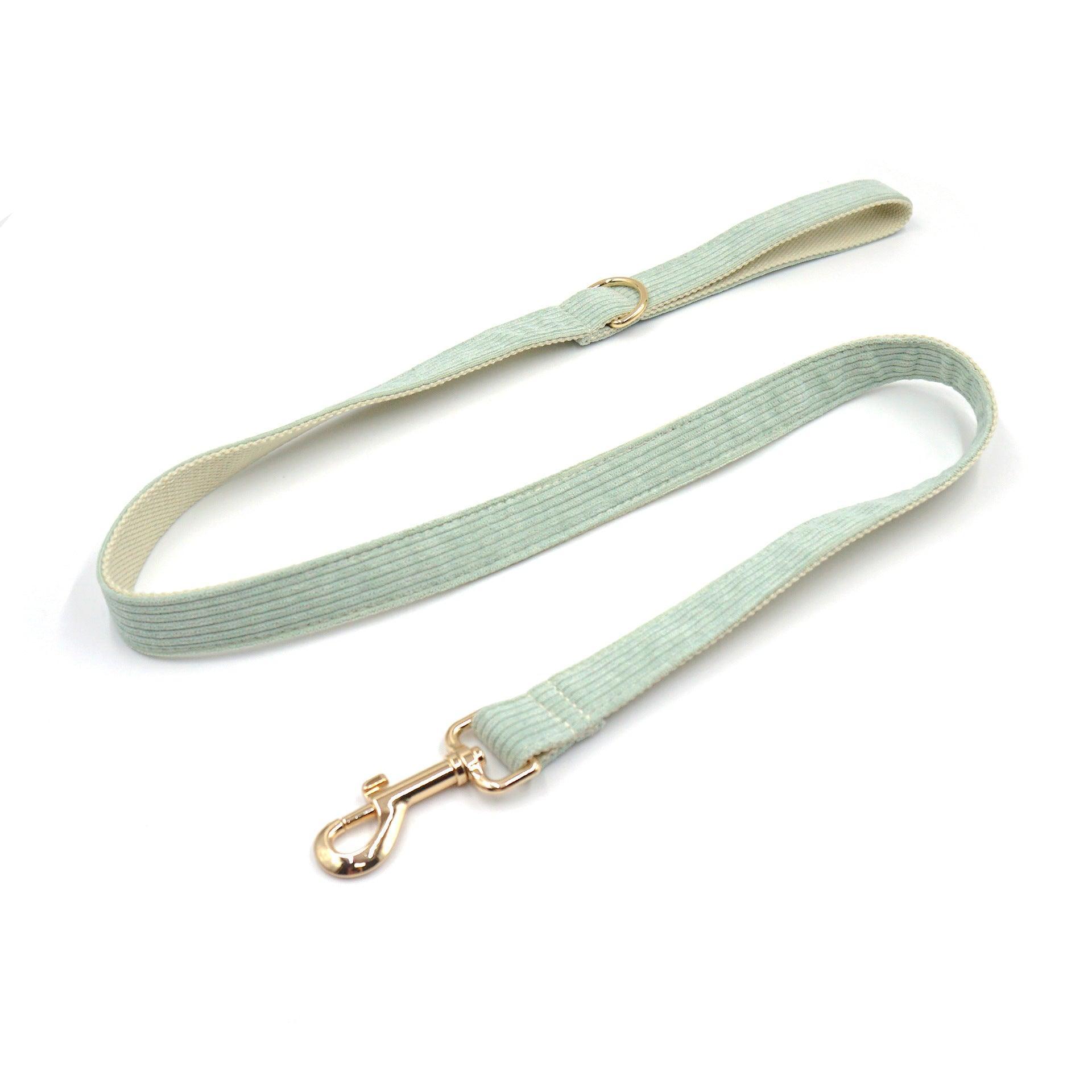 Mint Stripe Velvet Personalized Dog Collar Leash Harness Bowtie Poop Bag Set - iTalkPet