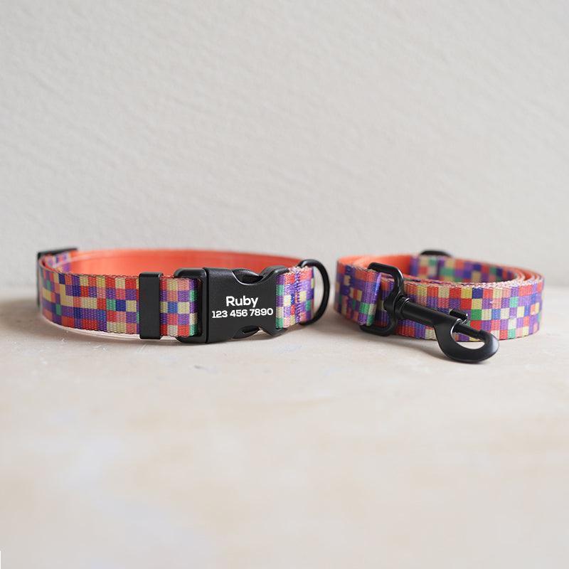 Neon Plaid Personalized Dog Collar with Leas & Bow tie Set - iTalkPet