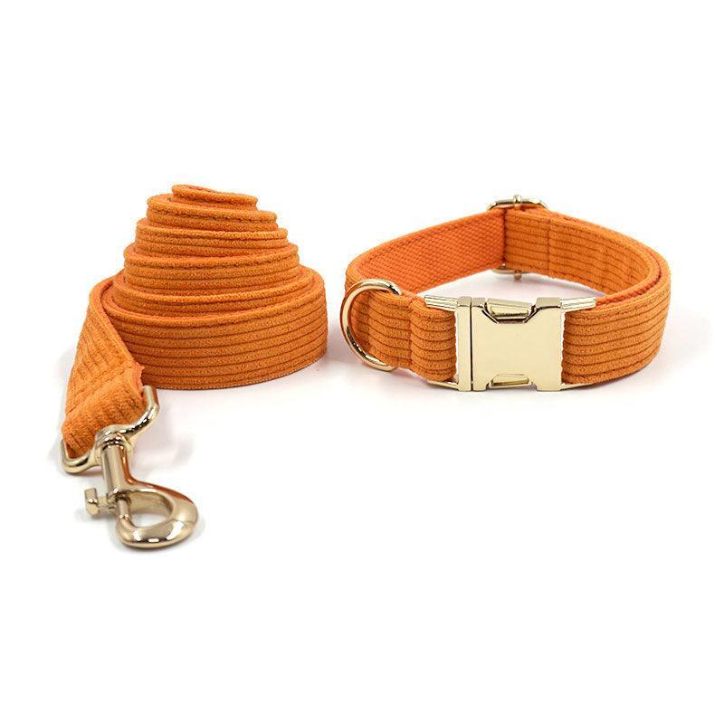 Orange Stripe Velvet Personalized Dog Collar Leash Harness Bowtie Poop Bag Set - iTalkPet