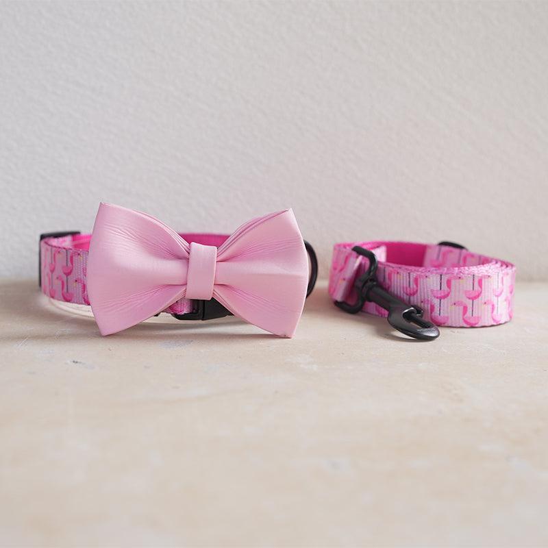 Pink Flaminges Personalized Dog Collar with Leas & Bow tie Set - iTalkPet