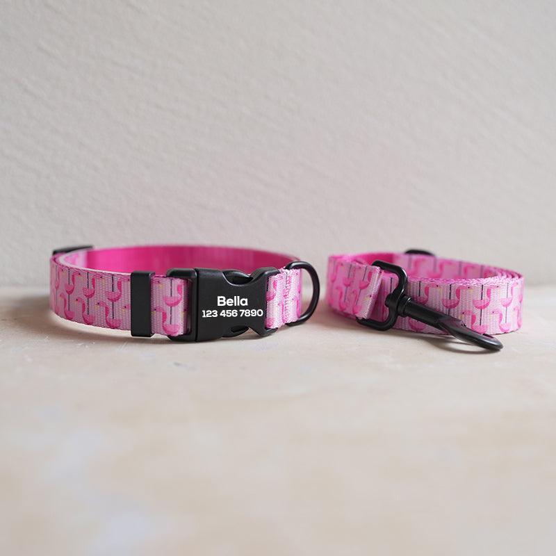 Pink Flaminges Personalized Dog Collar with Leas & Bow tie Set - iTalkPet