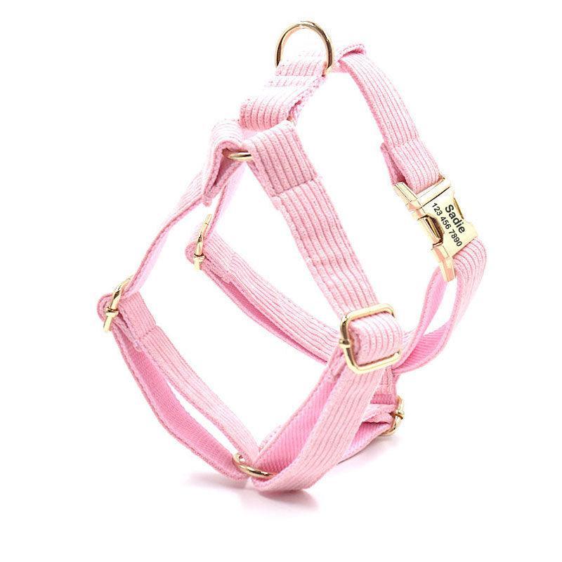 Pink Stripe Velvet Personalized Dog Collar Leash Harness Bowtie Poop Bag Set - iTalkPet