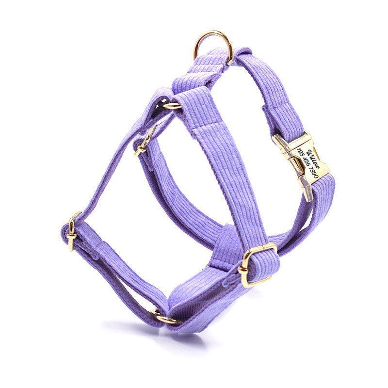 Purple Stripe Velvet Personalized Dog Collar Leash Harness Bowtie Poop Bag Set - iTalkPet