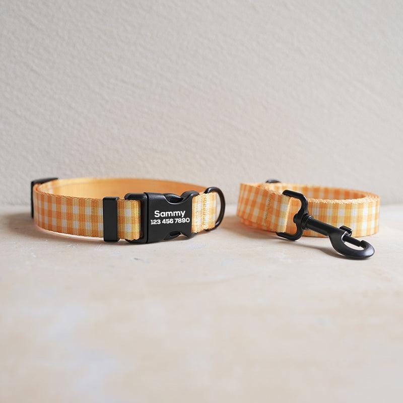 Yellow Plaid Personalized Dog Collar with Leas & Bow tie Set - iTalkPet
