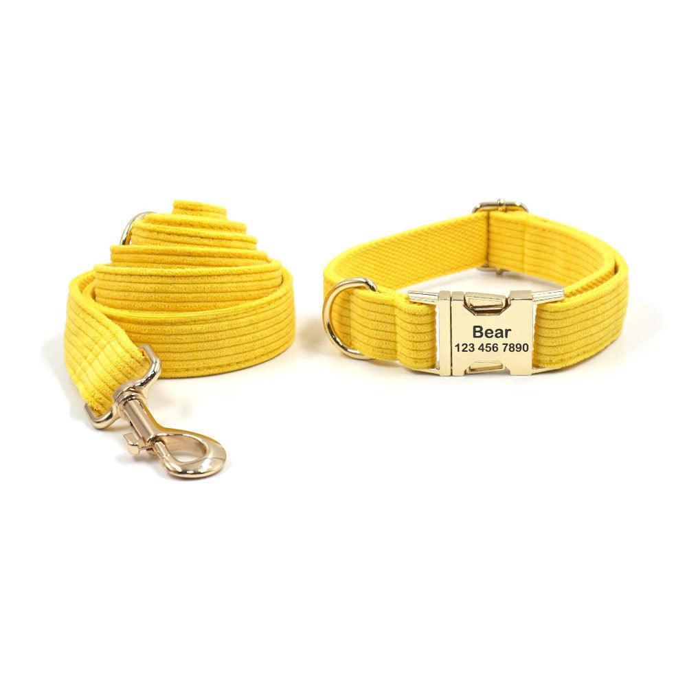 Yellow Stripe Velvet Personalized Dog Collar Leash Harness Bowtie Poop Bag Set - iTalkPet