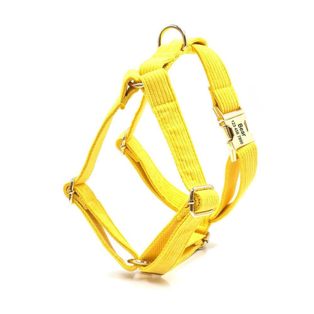 Yellow Stripe Velvet Personalized Dog Collar Leash Harness Bowtie Poop Bag Set - iTalkPet