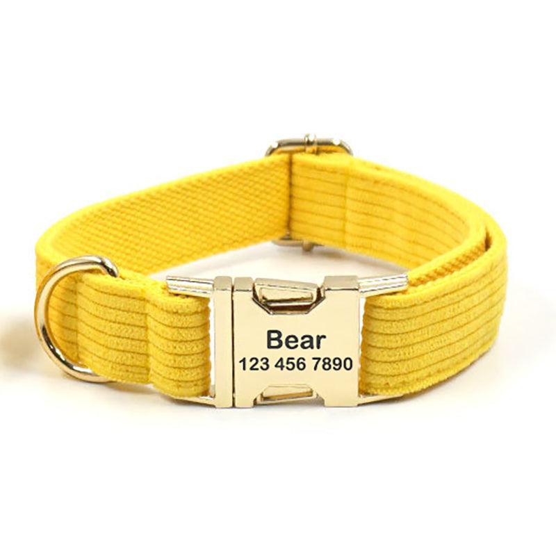 Yellow Stripe Velvet Personalized Dog Collar Leash Harness Bowtie Poop Bag Set - iTalkPet