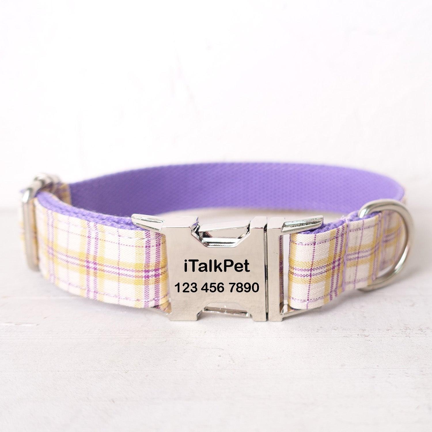 Aster Plaid Purple Personalized Dog Collar Set - iTalkPet