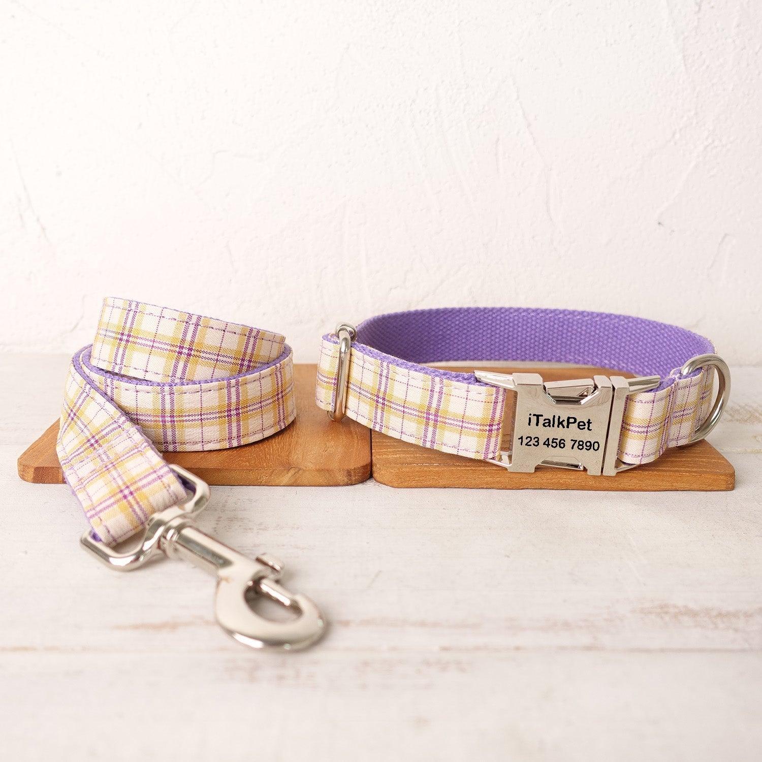 Aster Plaid Purple Personalized Dog Collar Set - iTalkPet