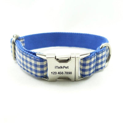 Blue White Plaid Personalized Dog Collar Set - iTalkPet