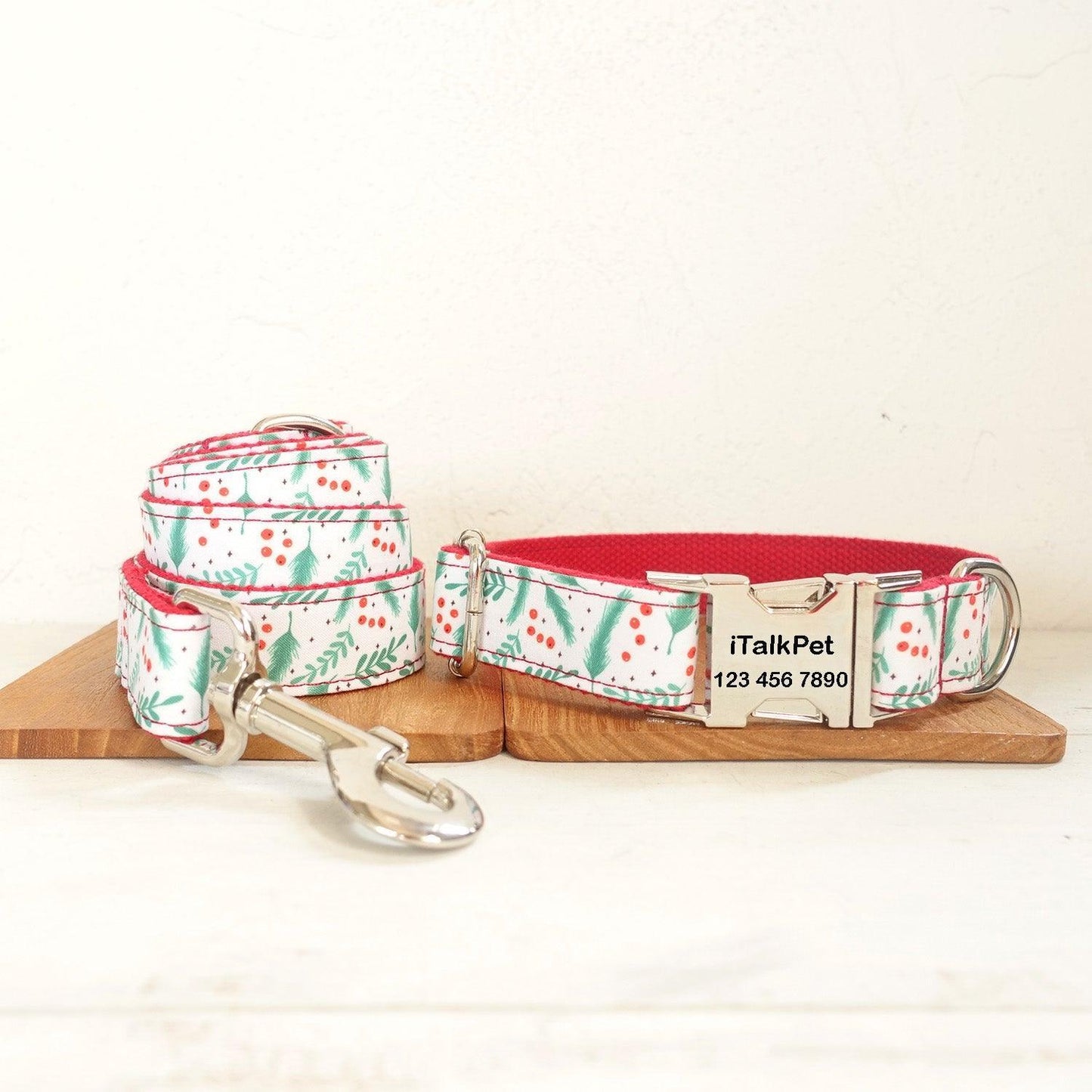 Christmas Leaf Red Personalized Dog Collar Set - iTalkPet