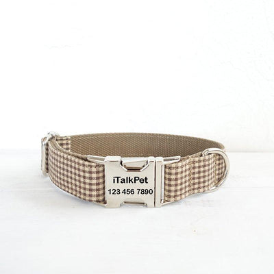 Coffee Plaid Personalized Dog Collar Set - iTalkPet