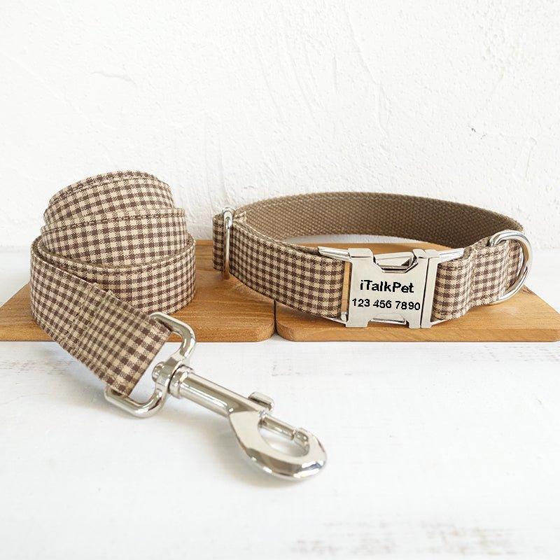 Coffee Plaid Personalized Dog Collar Set - iTalkPet