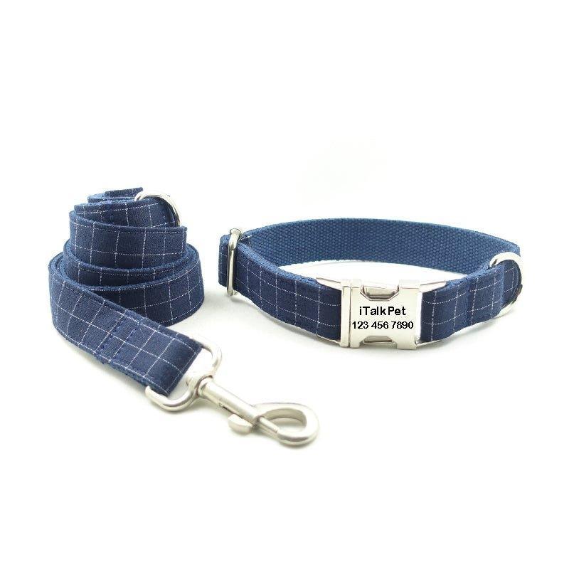 Dark Blue Plaid Thickened Soft Custom Dog Collar Set - iTalkPet