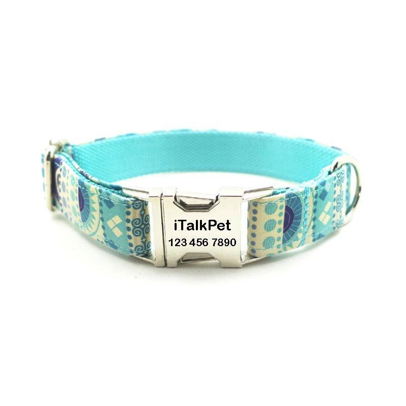 Folk Blue Personalized Dog Collar Set - iTalkPet