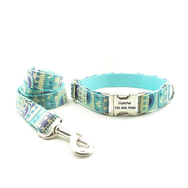 Folk Blue Personalized Dog Collar Set - iTalkPet