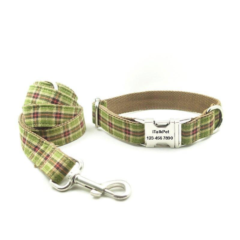 Green Tree Plaid Personalized Dog Collar Set - iTalkPet