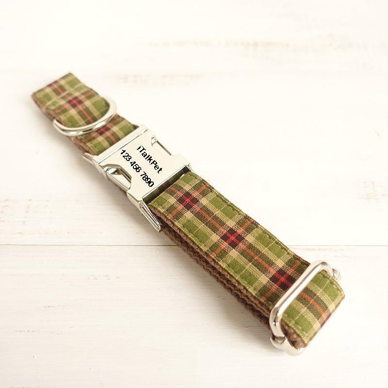 Green Tree Plaid Personalized Dog Collar Set - iTalkPet