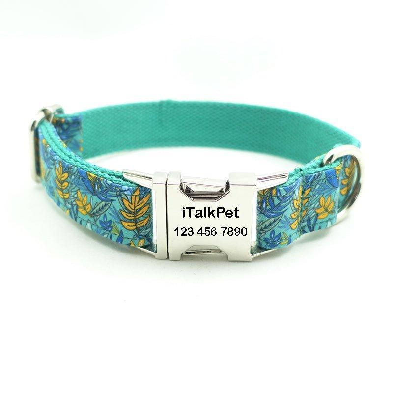 Leaf Teal Personalized Dog Collar Set - iTalkPet