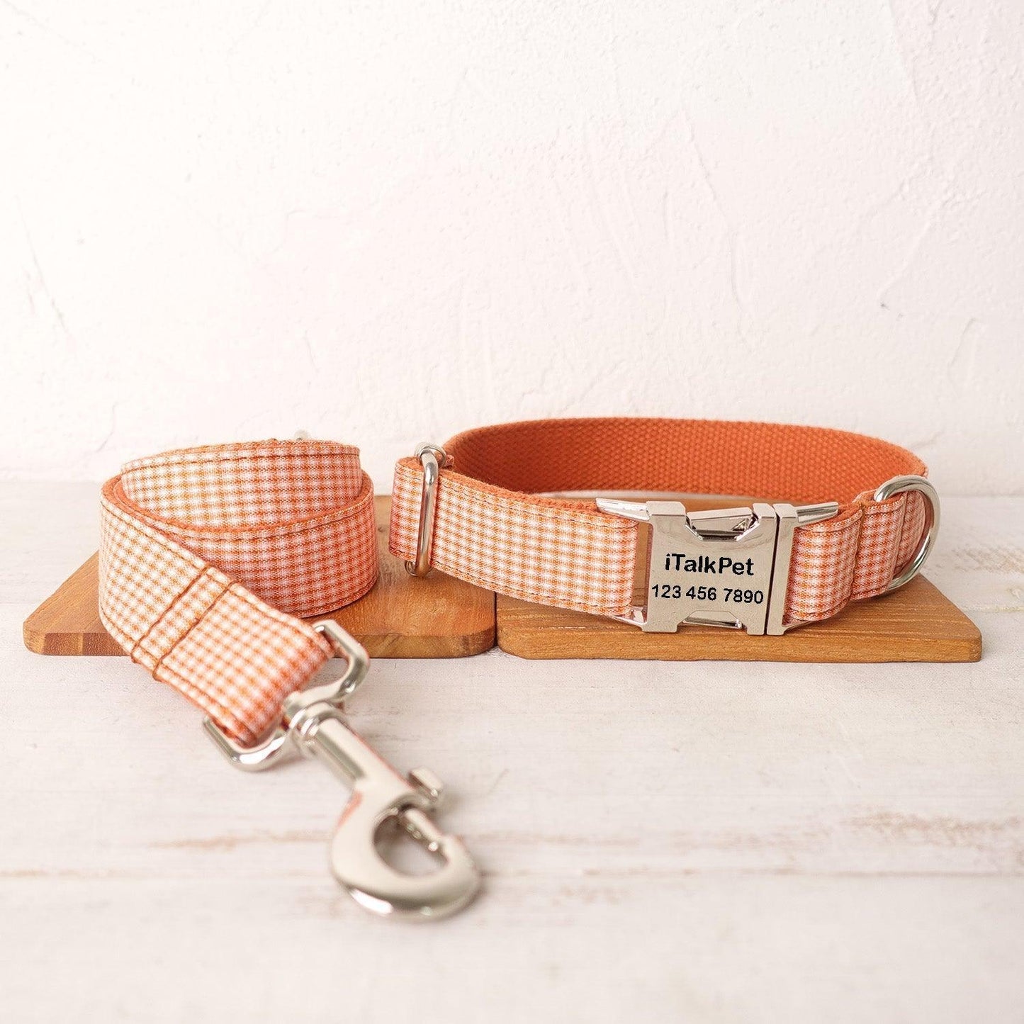 Orange Plaid Personalized Dog Collar Set - iTalkPet