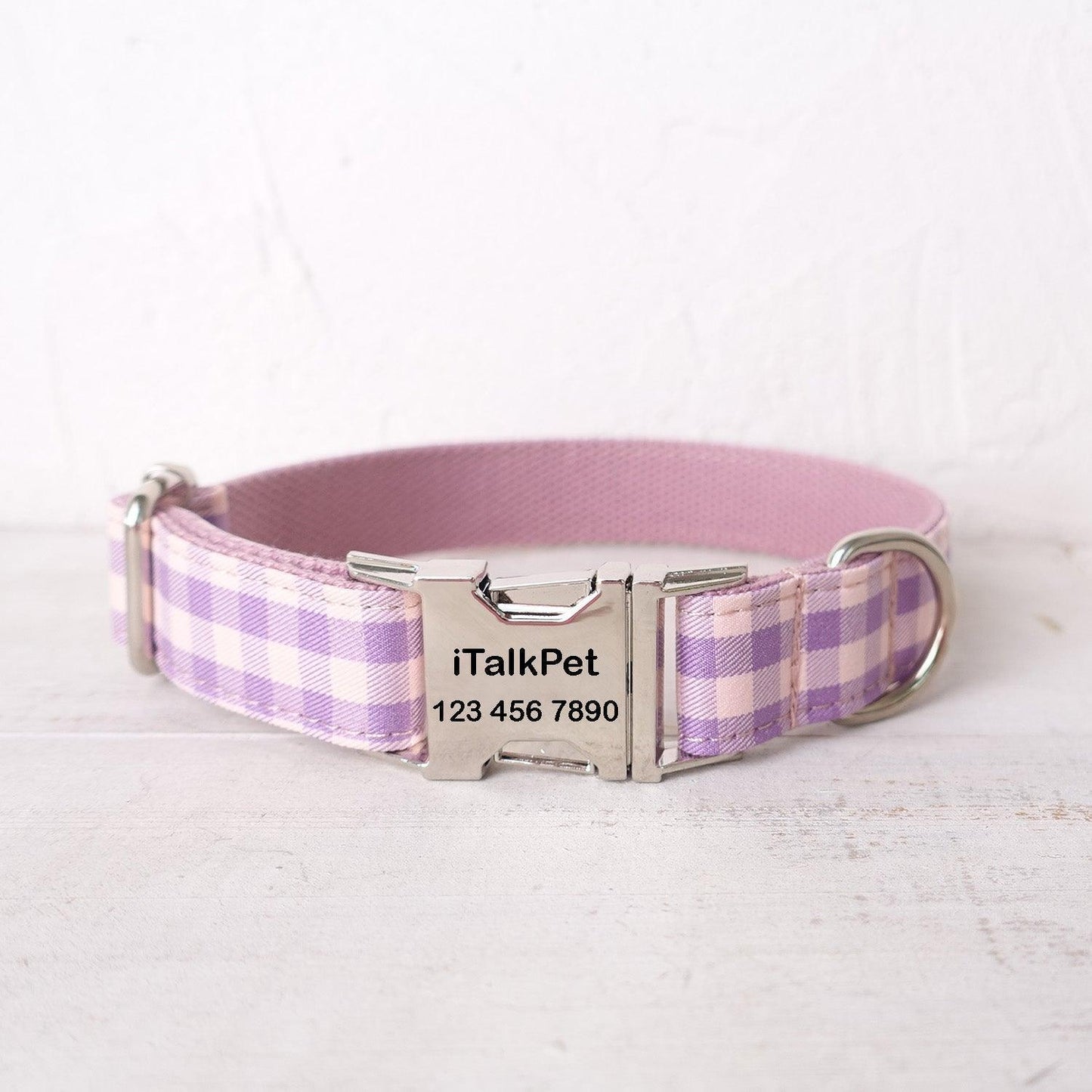 Pink Purple Plaid Personalized Dog Collar Set - iTalkPet