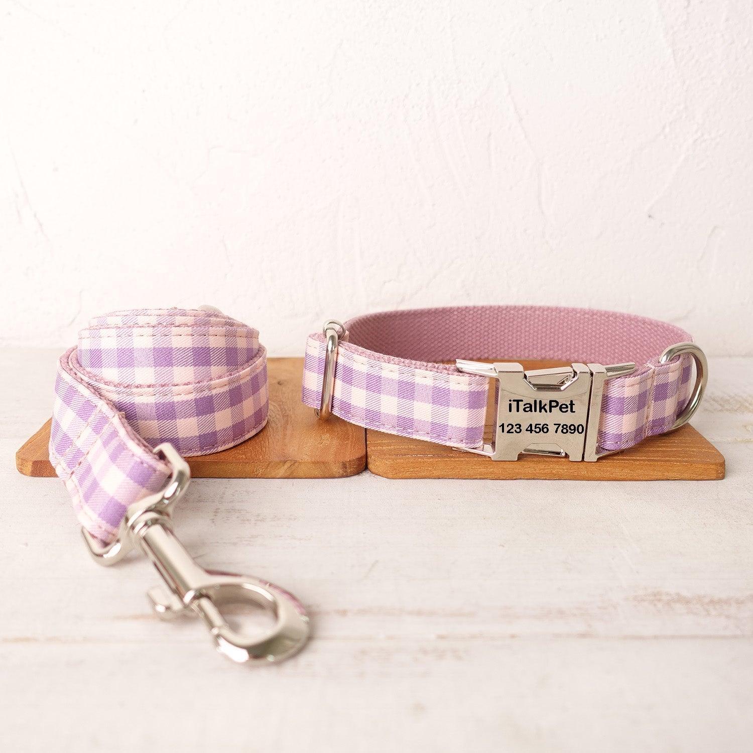 Pink Purple Plaid Personalized Dog Collar Set - iTalkPet