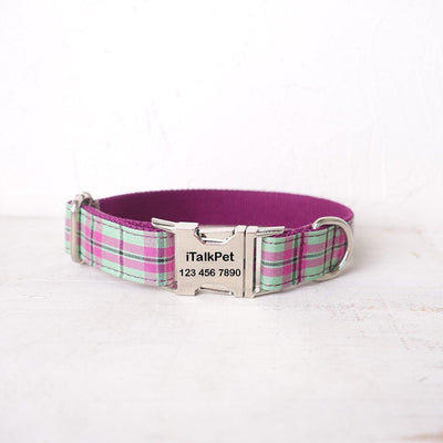 Purple Mint Plaid Personalized Dog Collar Set - iTalkPet