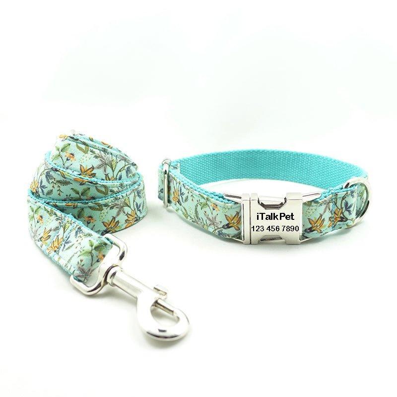 Teal Flower Personalized Dog Collar Set - iTalkPet