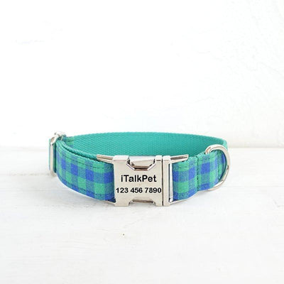 Teal Green Plaid Personalized Dog Collar Set - iTalkPet