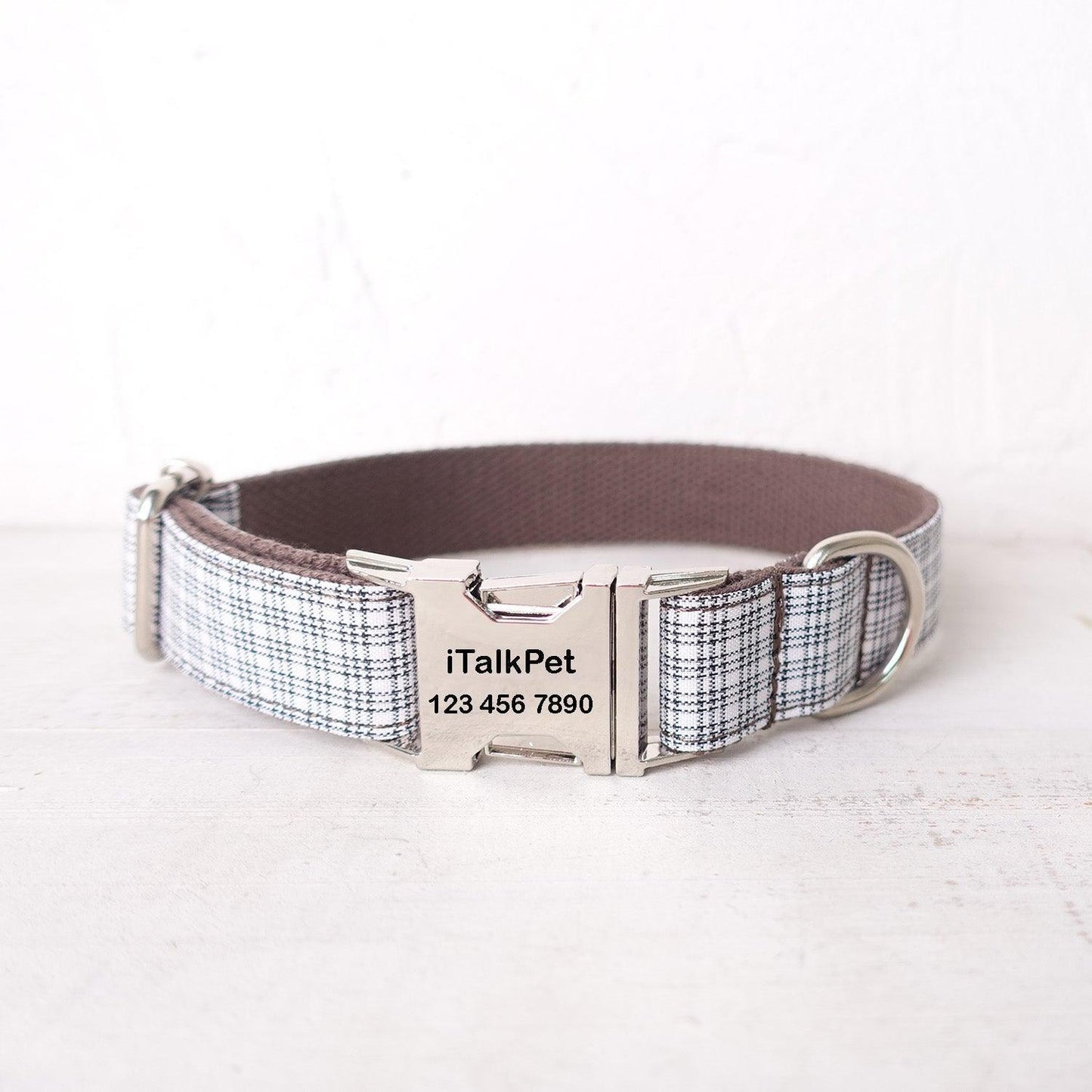 White Plaid Brown Personalized Dog Collar Set - iTalkPet