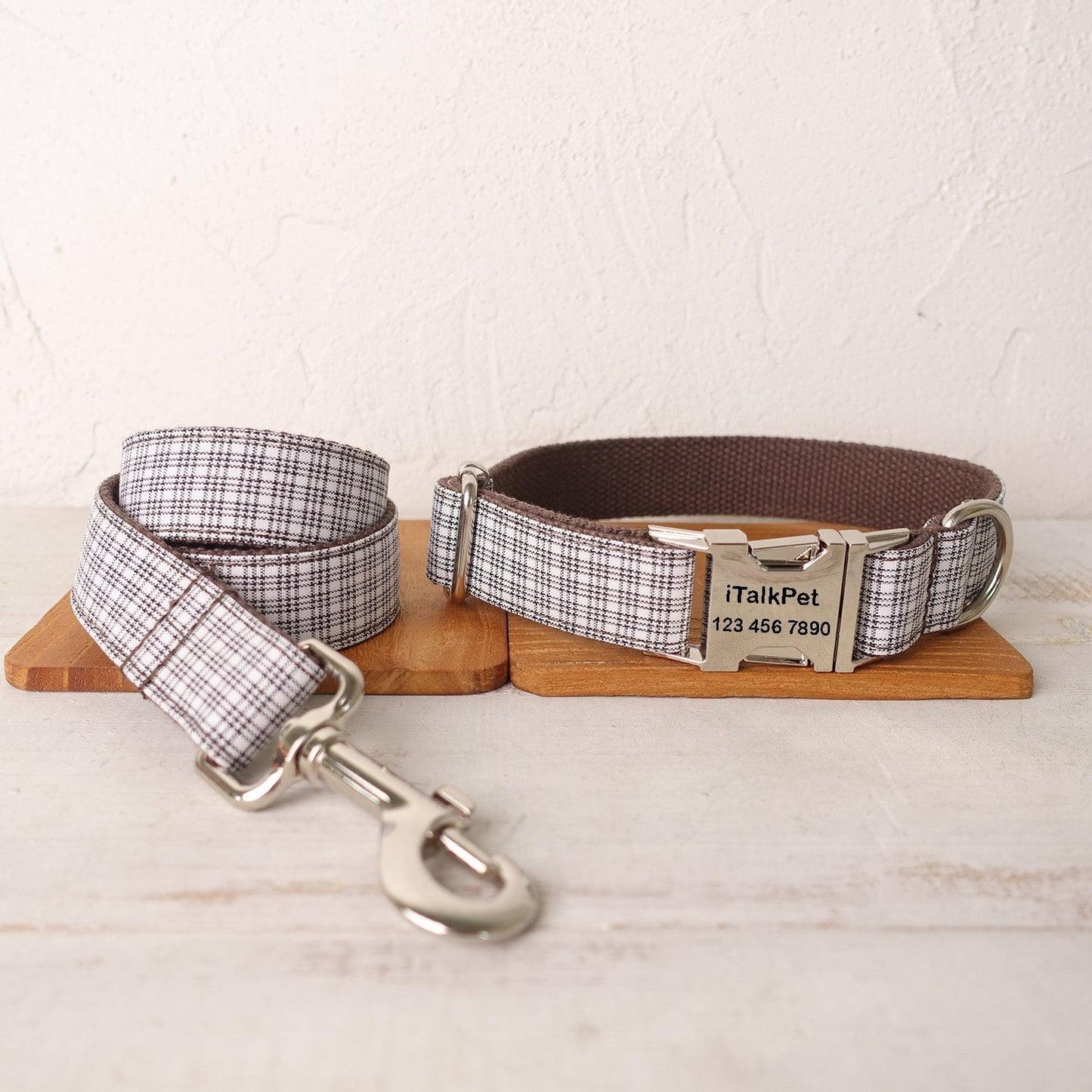 White Plaid Brown Personalized Dog Collar Set - iTalkPet