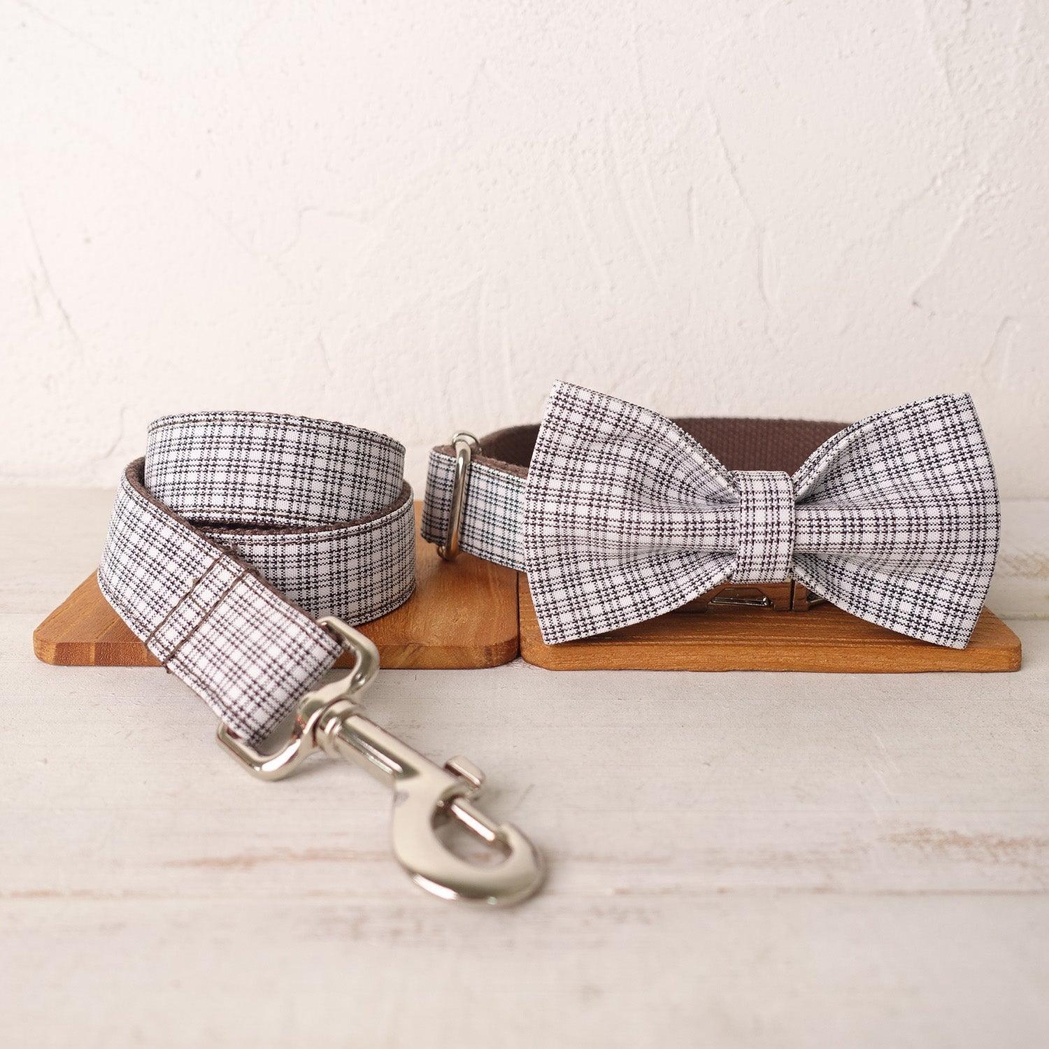 White Plaid Brown Personalized Dog Collar Set - iTalkPet